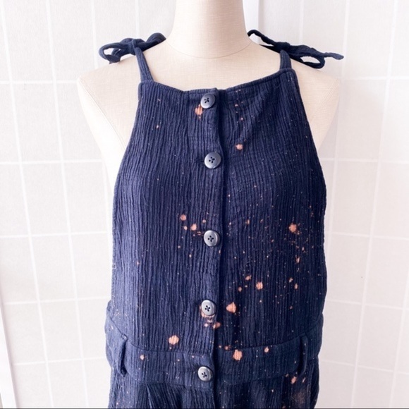 Boho Black & Bleached Splattered Woven Button Front Jumpsuit - Picture 6 of 16